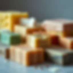 A close-up view of various soap bars arranged aesthetically