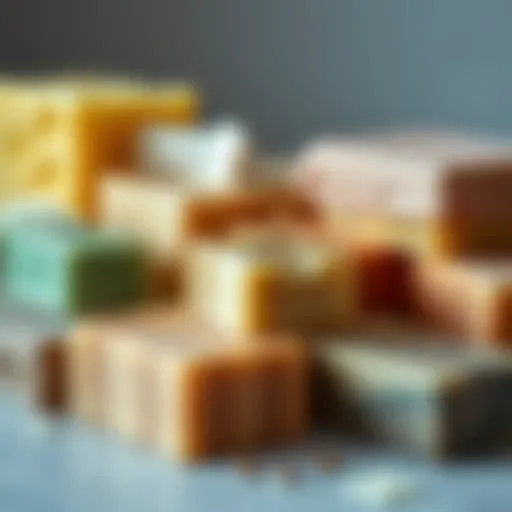 A close-up view of various soap bars arranged aesthetically