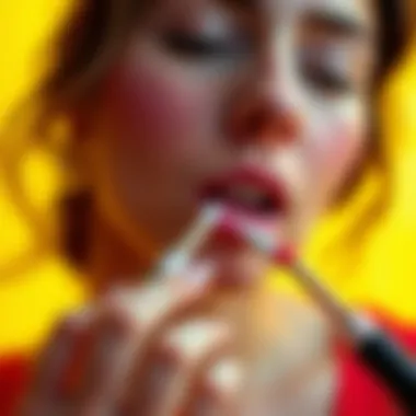 Artistic Application of White Lipstick An artistic representation of a person applying white lipstick in a vibrant setting