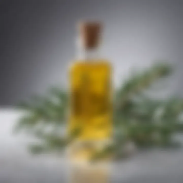 A serene bottle of rosemary oil placed next to fresh rosemary sprigs, symbolizing wellness