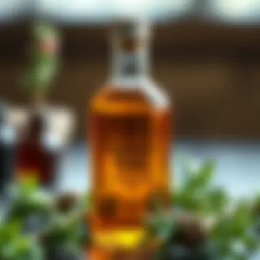 An elegant bottle of rosemary oil with natural herbs around it