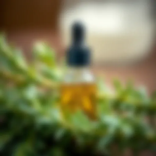 A close-up view of rosemary essential oil in a small dropper bottle surrounded by fresh rosemary sprigs.