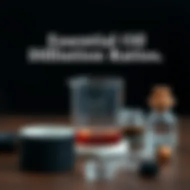 An artistic representation of the dilution ratio for essential oils, featuring a scale and measuring tools.