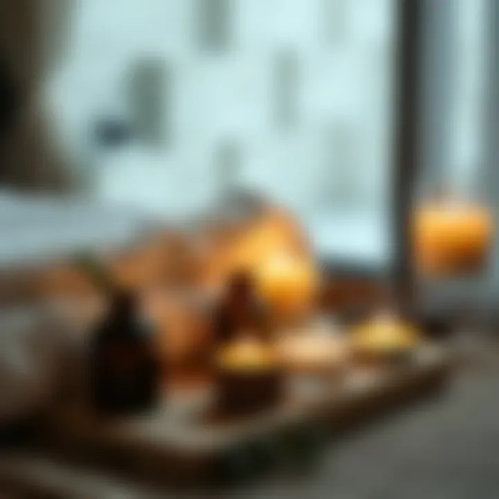 A soothing spa setting featuring rosemary oil and candles