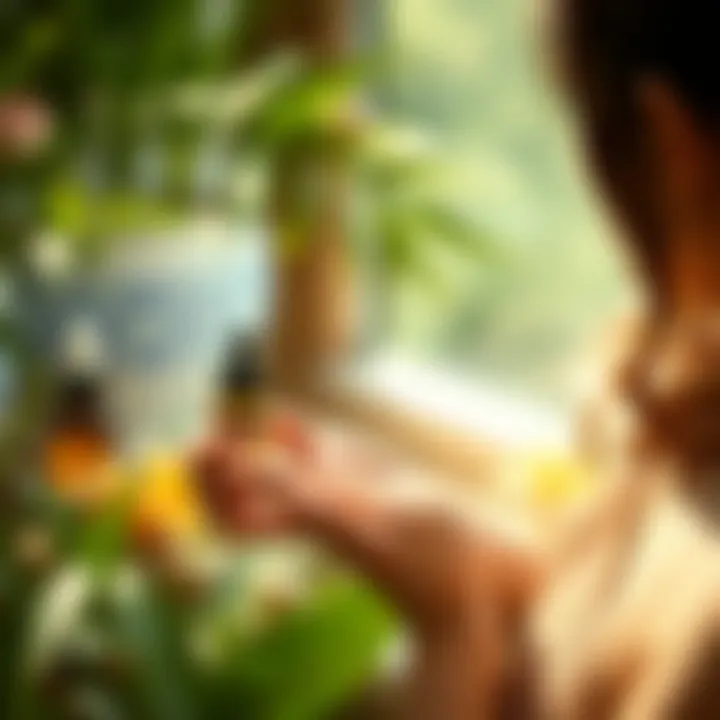 A tranquil setting showcasing essential oils in use, demonstrating application on skin with natural elements.