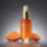 Vibrant C vitamin serum bottle on a reflective surface