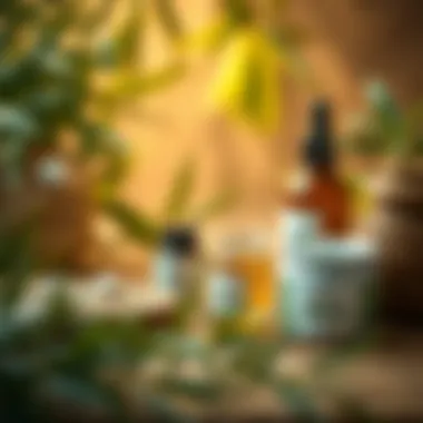 Natural Hair Care with Tea Tree Elements A serene setting with tea tree leaves and essential oils for hair care