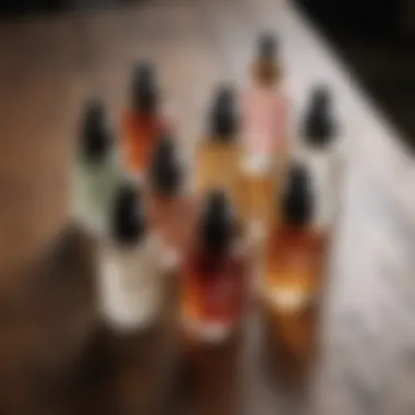 A variety of serums displayed on a wooden surface