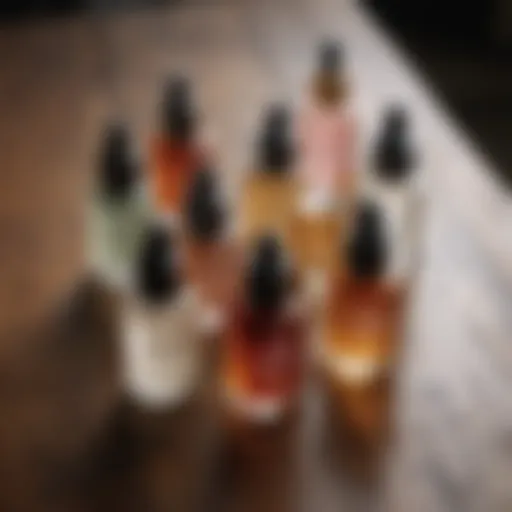 A variety of serums displayed on a wooden surface