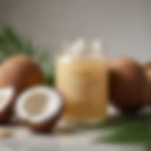 Coconut oil in a glass jar with coconuts and leaves