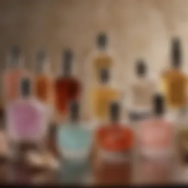 A collection of various musk perfumes on a vanity, representing diverse options for fragrance enthusiasts.