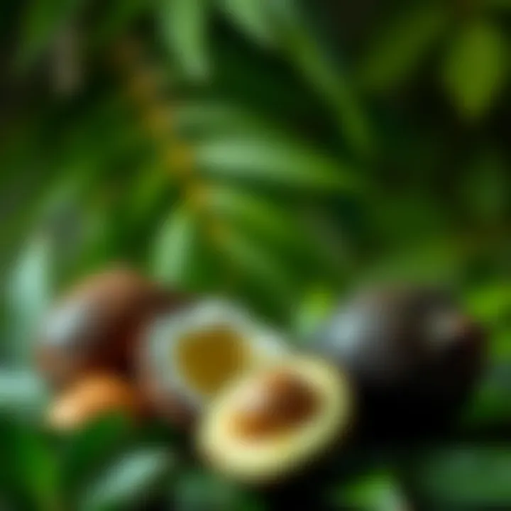 A lush green background with a vibrant avocado and coconut oil for hair care