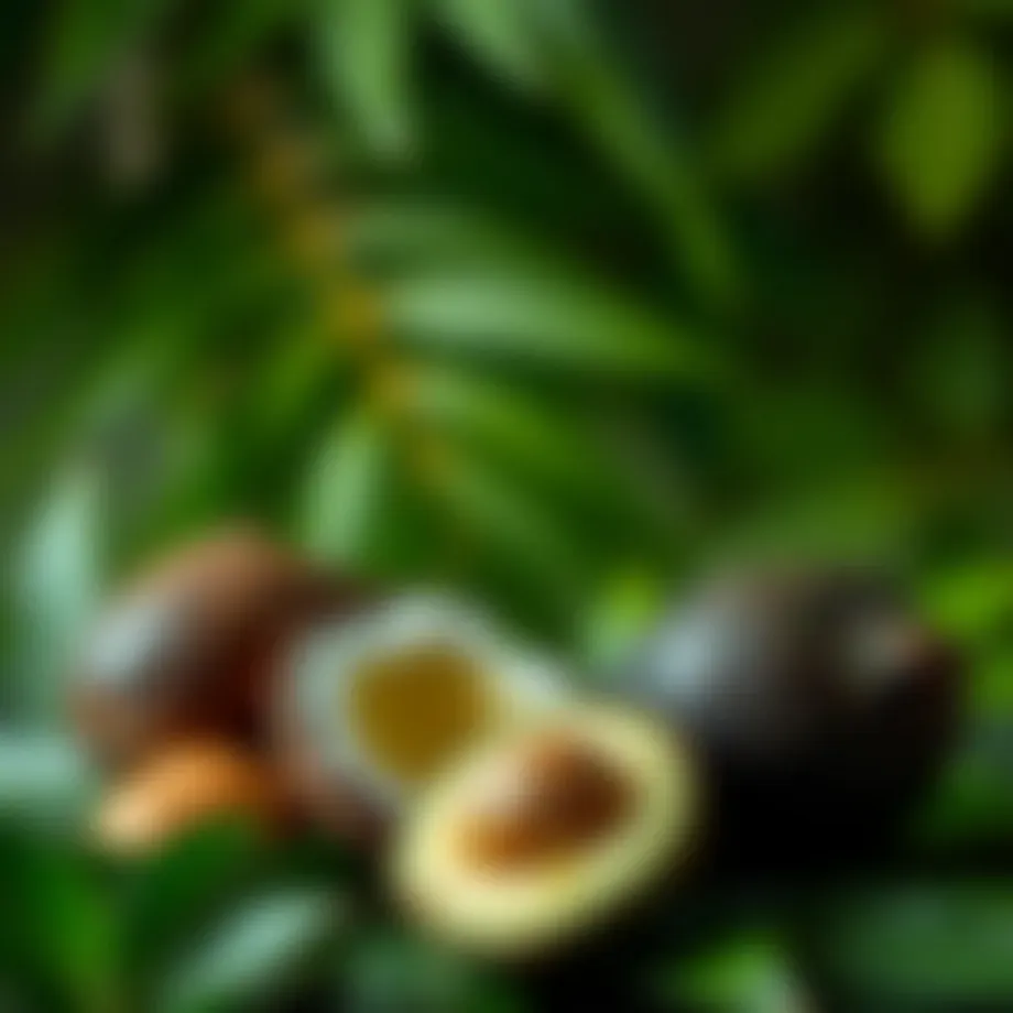 A lush green background with a vibrant avocado and coconut oil for hair care