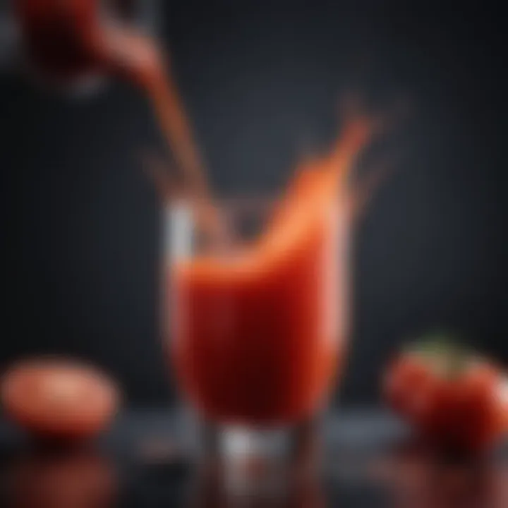 Tomato juice being poured into a glass with a splash effect