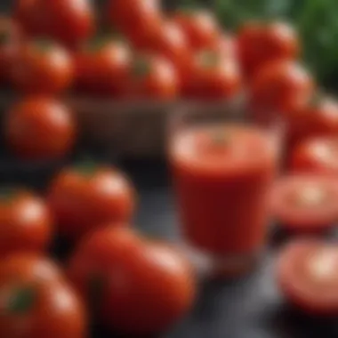 Vibrant glass of fresh tomato juice surrounded by ripe tomatoes