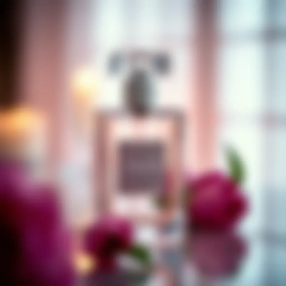 Elegant glass bottle of perfume with floral accents