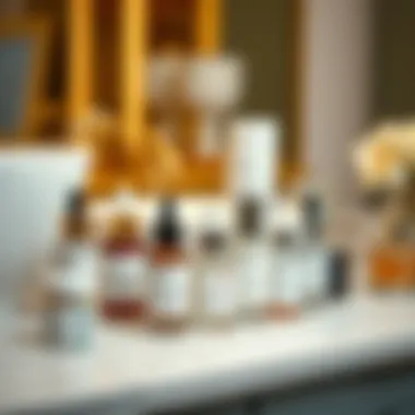 Elegant Serum Display An elegant display of various serum bottles on a marble countertop.