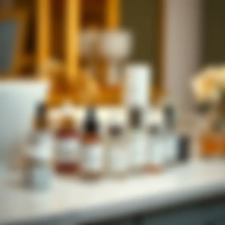 Elegant Serum Display An elegant display of various serum bottles on a marble countertop.