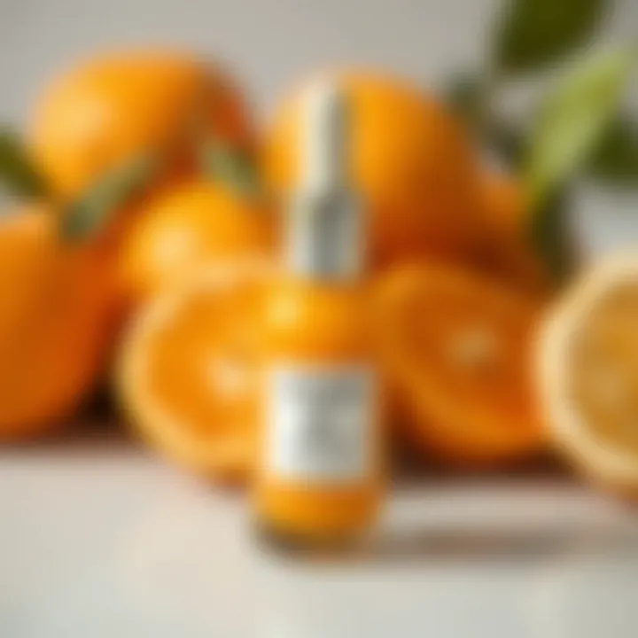 An elegant bottle of Vitamin C serum displayed with fresh citrus fruits in the background.