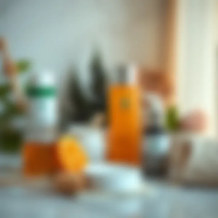 A skincare routine setup featuring Vitamin C products and natural ingredients like aloe vera and honey.