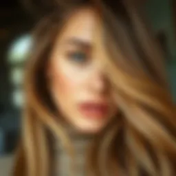 A close-up of a brunette showcasing a warm golden blonde hair color that complements her skin tone