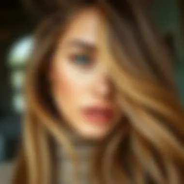 Brunette with Golden Blonde Hair A close-up of a brunette showcasing a warm golden blonde hair color that complements her skin tone