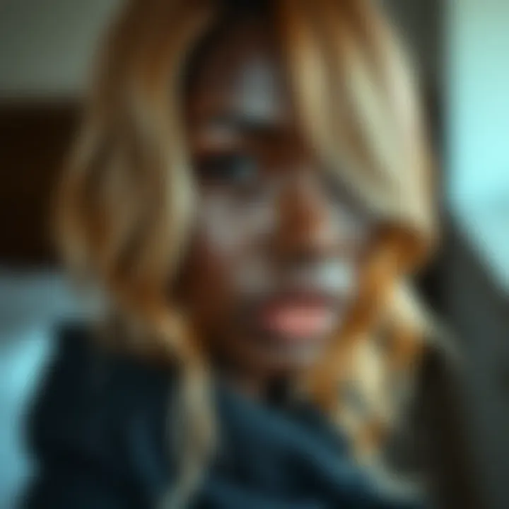 Honey Blonde Highlights on Dark Skin A model with dark skin and honey blonde hair highlights that enhance facial features