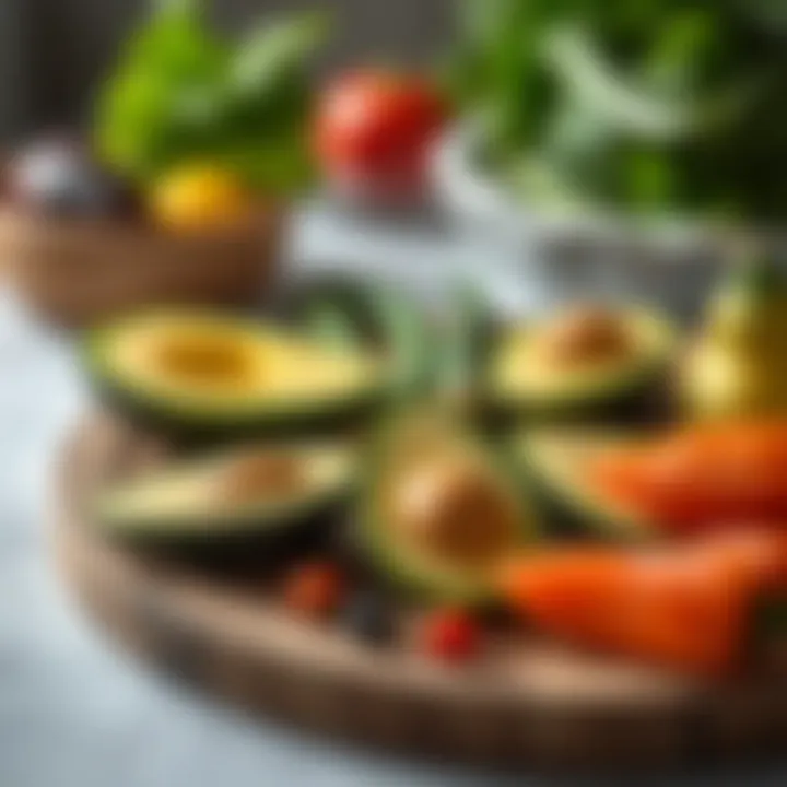 Fresh ingredients like avocados and green vegetables arranged artistically.