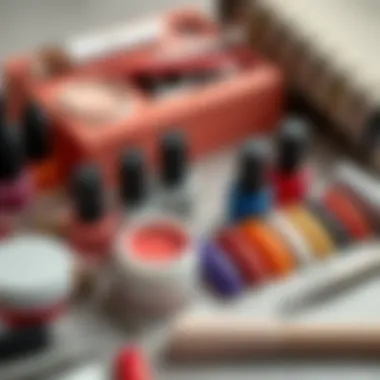 An array of gel nail colors and tools arranged aesthetically.