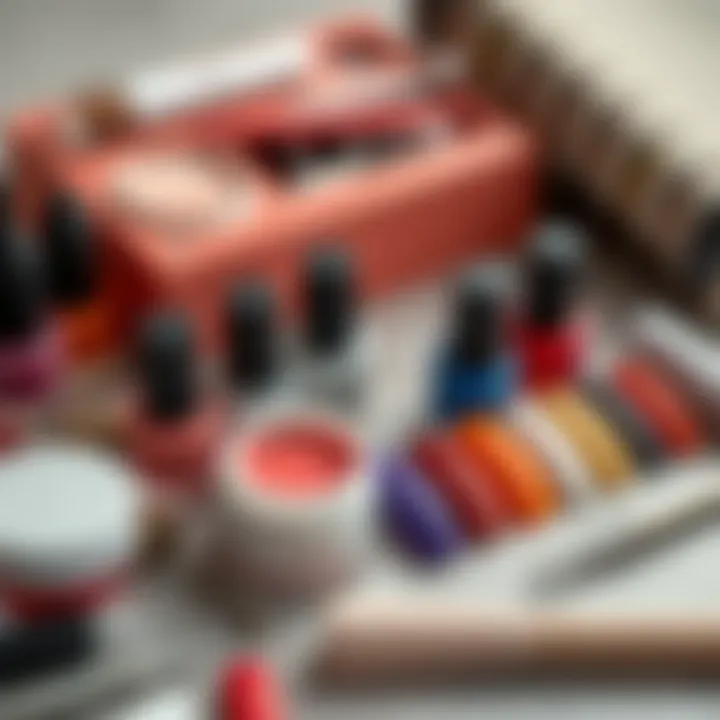 An array of gel nail colors and tools arranged aesthetically.
