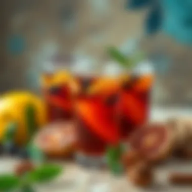 Vibrant Kombucha Tea Flavors A vibrant display of Kombucha tea flavors with fruits and spices