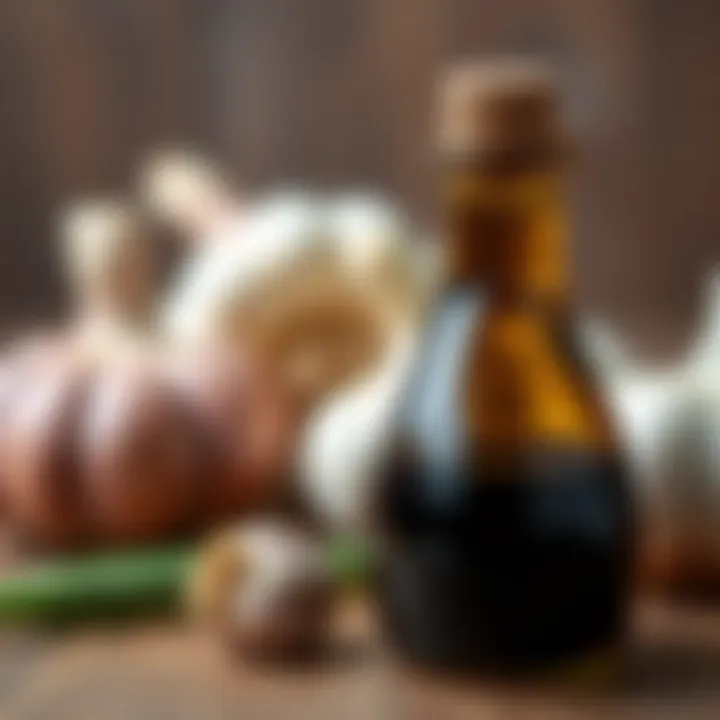 Black Garlic Oil and Its Benefits for Hair Health A close-up of black garlic oil in a glass bottle with garlic cloves in the background