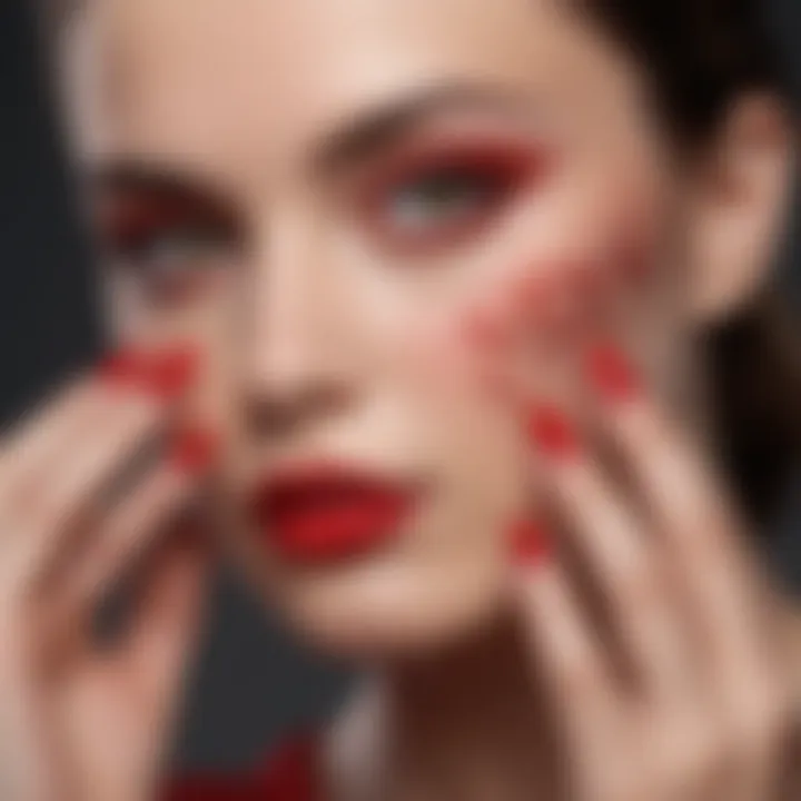 Creative nail art showcasing red polish with geometric shapes