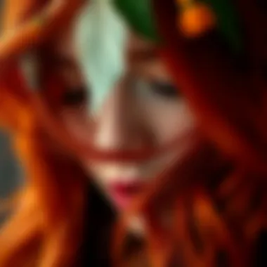 A close-up of textured red hair with cultural elements