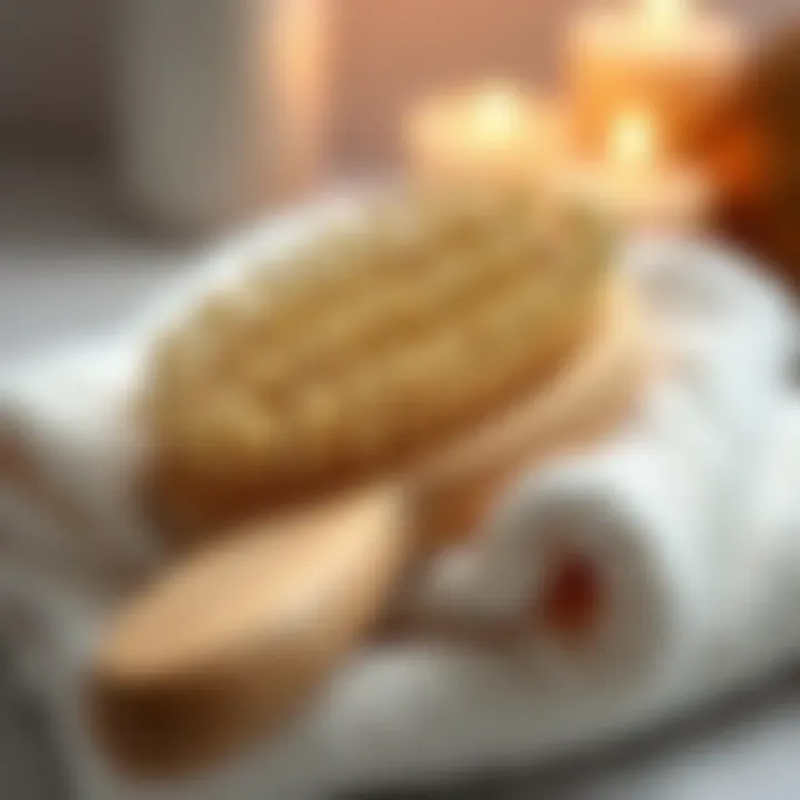 Close-up of a natural bristle brush resting on soft towels, ready for use.