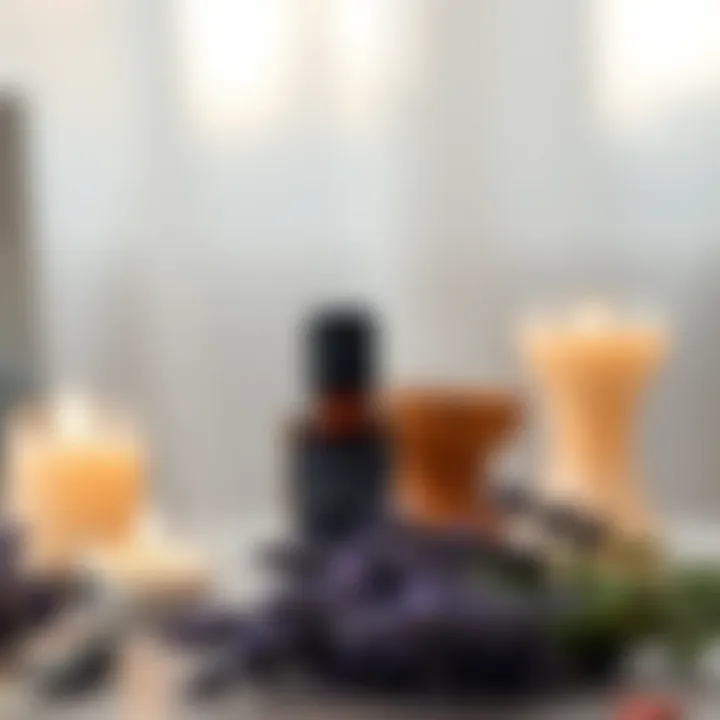Calming Lavender Oil and Candles Lavender oil bottles alongside calming candles.