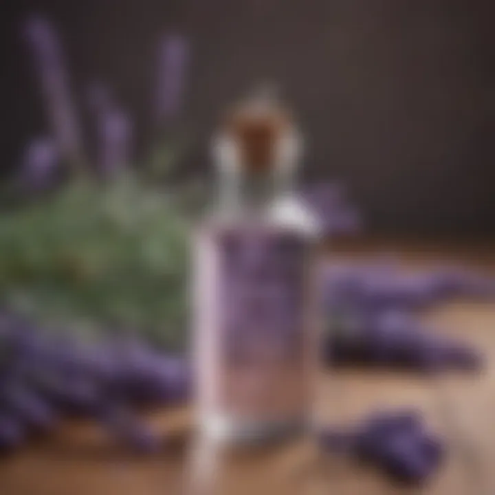 A bottle of lavender oil with fresh lavender sprigs