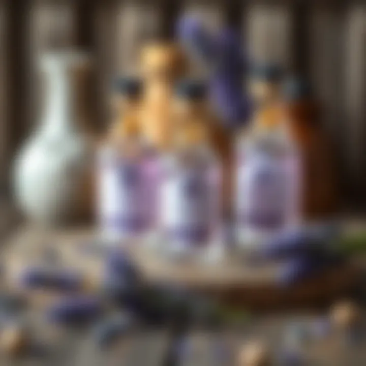 Lavender essential oil bottles on a rustic wooden table