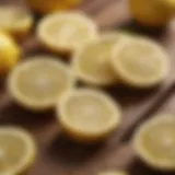 Lemon slices displayed on a wooden surface, showcasing their freshness.