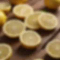 Lemon slices displayed on a wooden surface, showcasing their freshness.