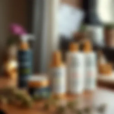 A stylized image showing hair care products suitable for maintaining light milky brown hair.