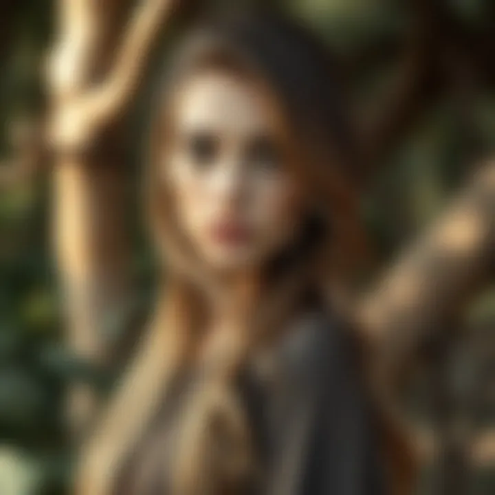 A model flaunting light milky brown hair in a natural outdoor setting.