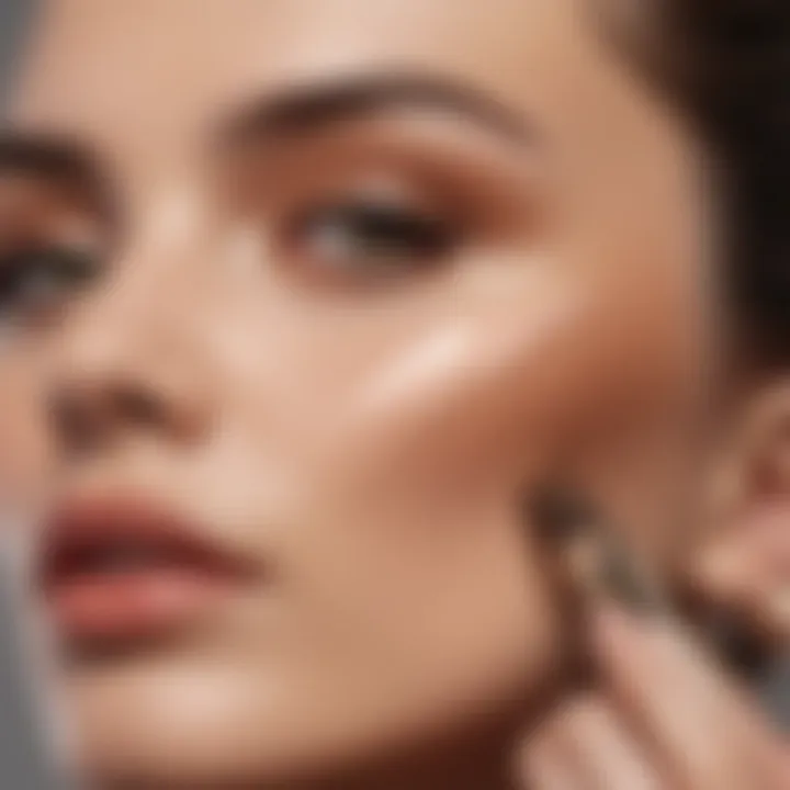 Close-up on a hand applying liquid concealer with a makeup brush.