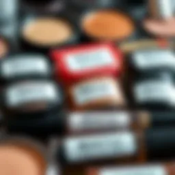 A close-up of various makeup products with labels