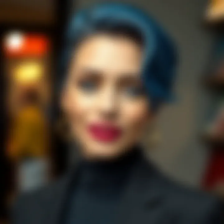 Fashionable individual with striking blue hairstyle