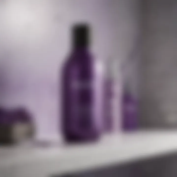 Vibrant purple shampoo bottle on a sleek bathroom shelf