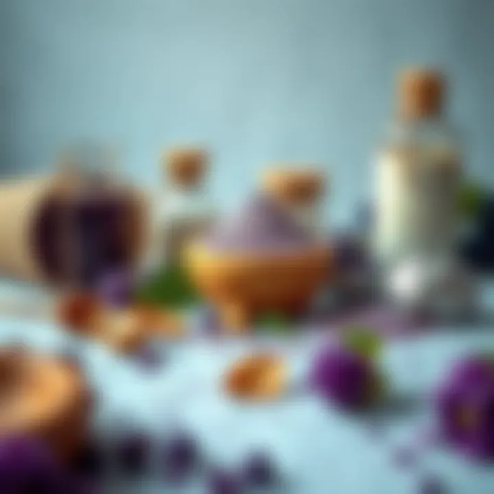 Purple Flour in Health Products An artistic arrangement of purple flour in various health products.