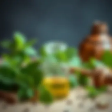 Essential Oil Bottle with Mint Essential oil bottle with mint and herbs