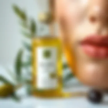 Natural Ingredients for Facial Care Close-up of olive oil bottle and skin