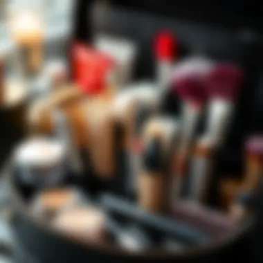 A well-organized beauty toolkit with concealers and brushes.